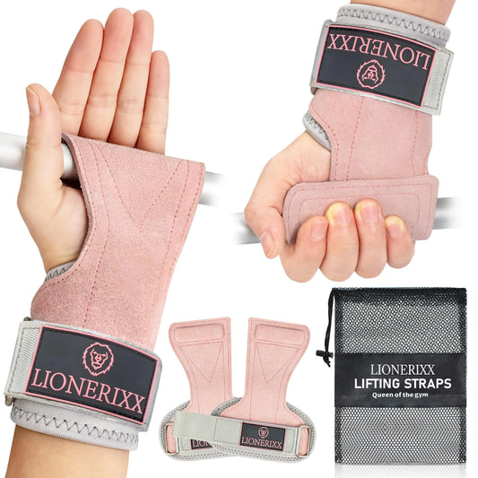 Lionerixx Pink Weight Grips for Women - Professional Wrist Straps for Weightlifting Deadlift and Powerlift - Palm Guard & Lifting Grips Storage Bag Included